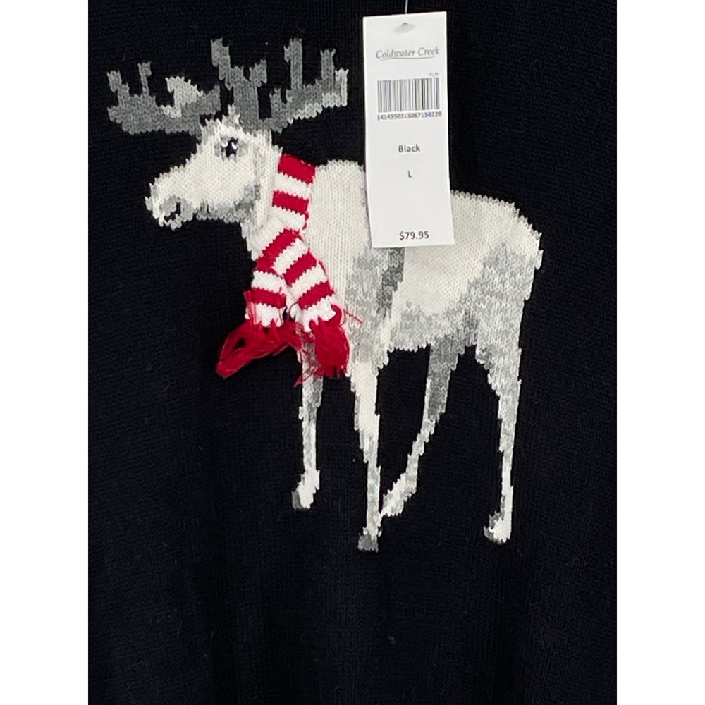 NWT Coldwater Creek Women Sweater L Pullover Black Moose Scarf Christmas Holiday - Picture 2 of 10